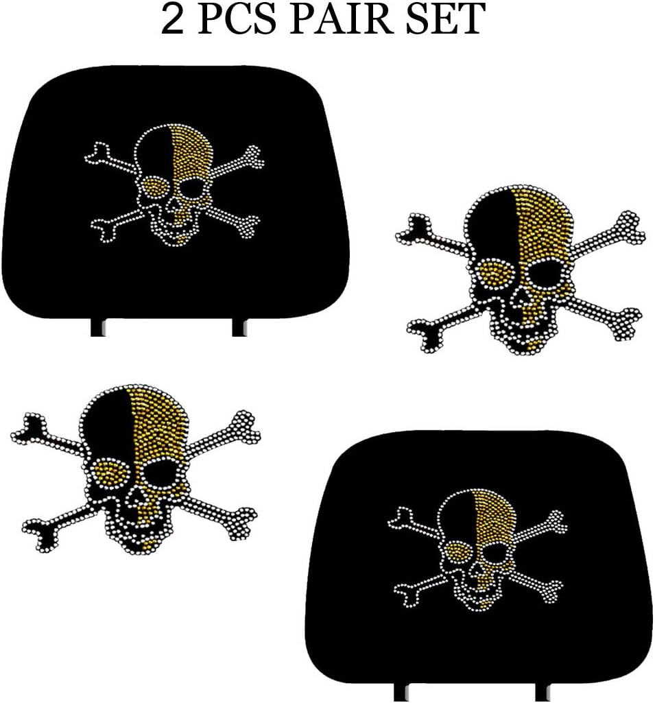 KAAA ALLBrand Car Truck Crystal Bling Rhinestone Studded Seat Headrest Covers - Pair (Gold Skull/Black)