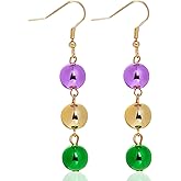 Sucrain 1 Pair Colorful Mardi Gras Beaded Earrings for Women Carnival Holiday Party Jewelry Gifts (Purple&Yellow&Green)