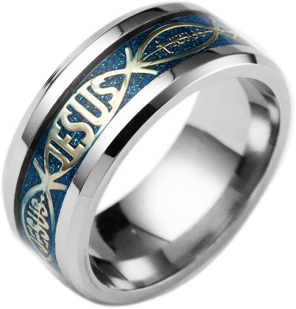 YiyiLai Wide Jesus Stainless Steel Unisex Vintage Band Rings Blue
