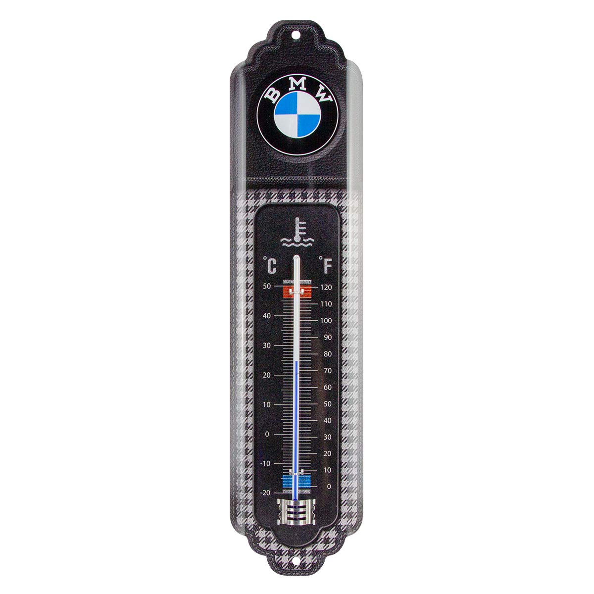 Nostalgic-Art, Analogue Retro Thermometer, BMW - Classic Pepita – Gift idea for car accessories fans, Metal wall decoration, Vintage design, 6.5 x 28 cm, 80323