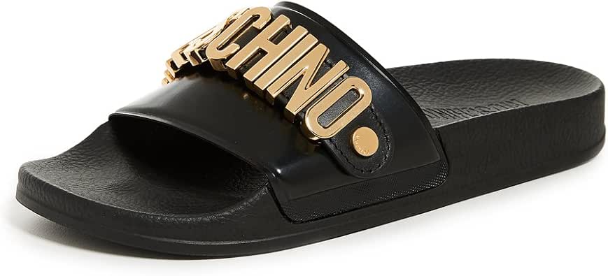Amazon.com | MOSCHINO Women's Logo Sandals, Black/Gold, 37 M EU | Sandals