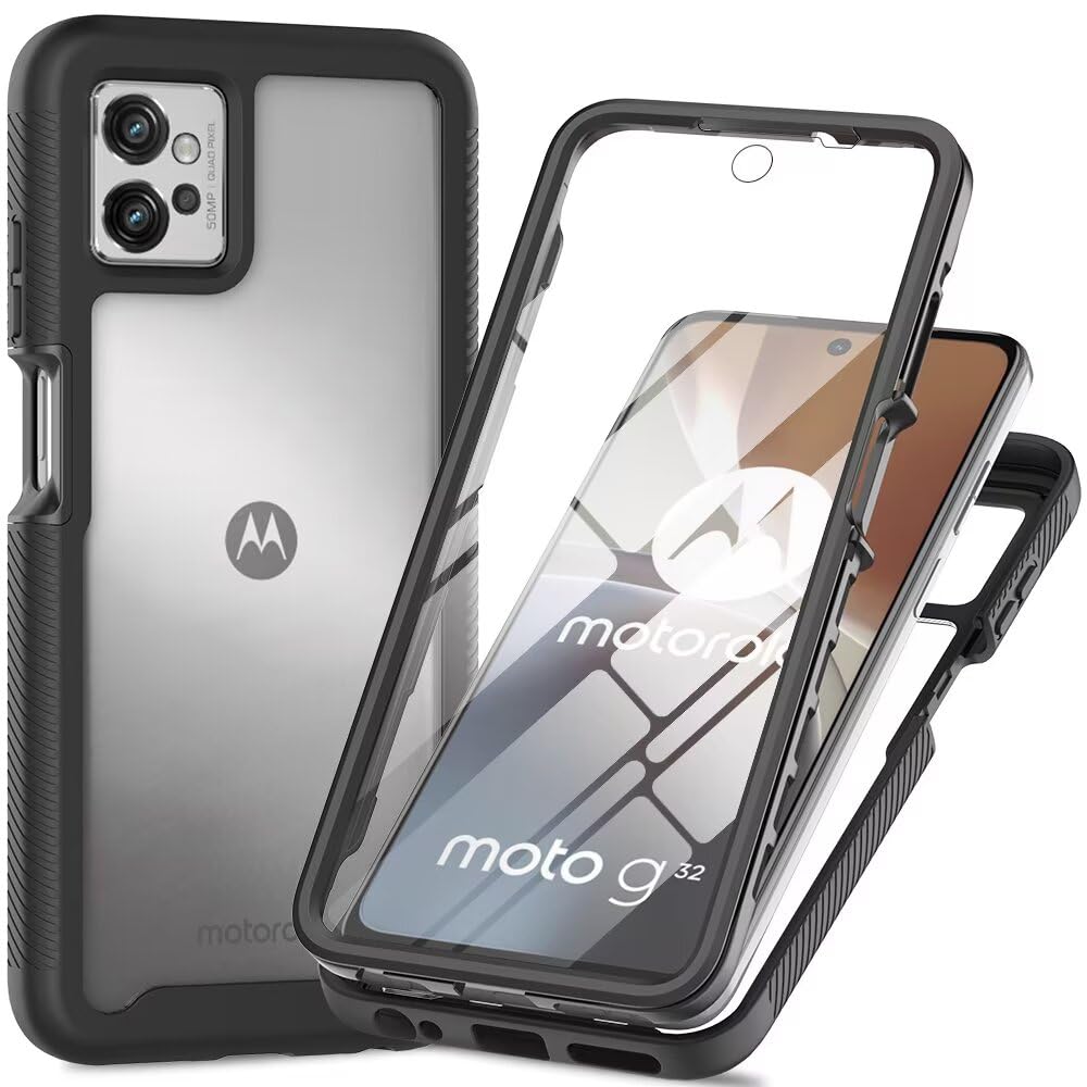 Dfjhure for Motorola Moto G32 Case Built-in Screen Protector Full Body Shockproof Protection Cover tylish Bumper Transparent Back Phone Case Cover for Motorola Moto G32- Black โ image 1