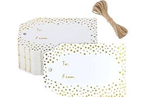 Anwyll Gift Tags with String - 50Pcs Gold Foil Metallic Name Gift Tags Confetti Polka Dot to from Gift Bag Tag Personalized Hang Paper Label Tag for Baby Shower Birthday Party Wedding Christmas Favors
