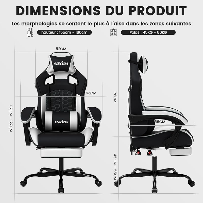Chaise de Gaming Ergonomique en Cuir synthétique avec Appui-tête et Soutien Lombaire - Jusqu'à 150 kg — photo 3 sur 8