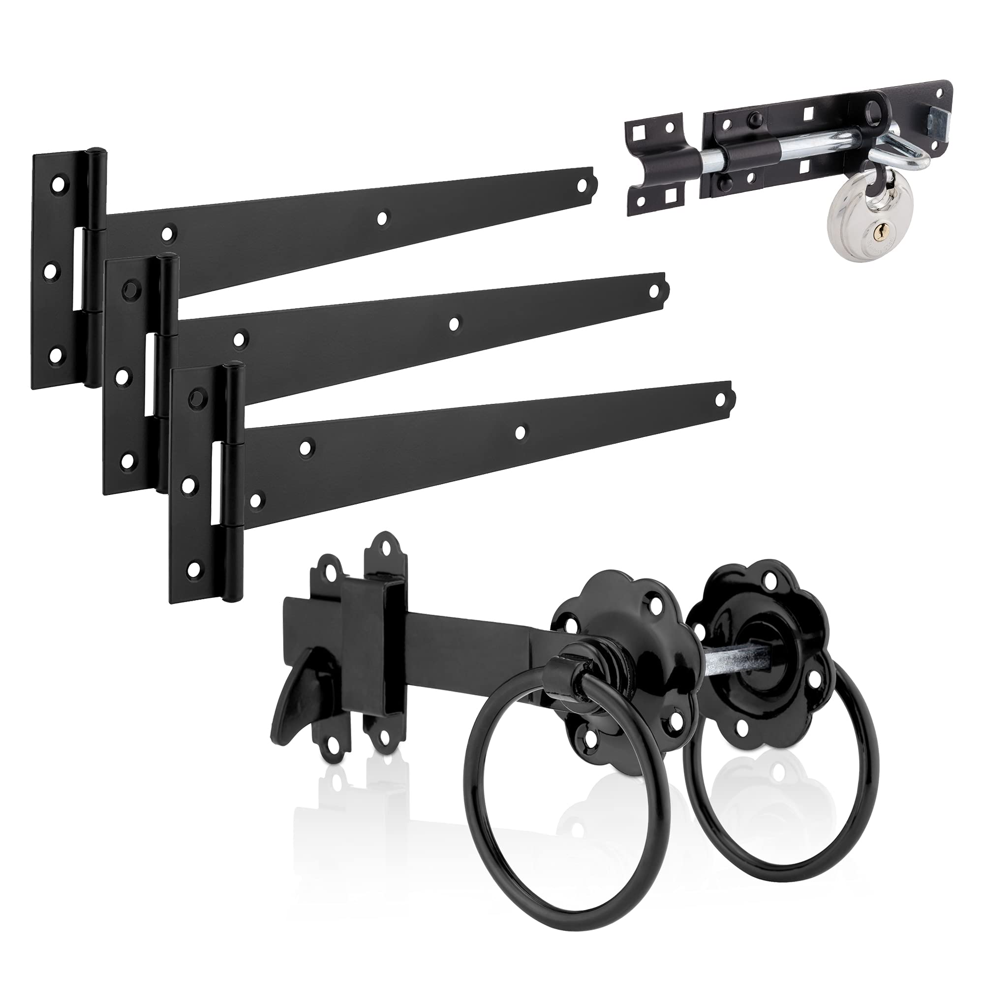 XFORT Black Ring Latch Set with T-Hinges, Brenton Bolt & Discus Padlock, Heavy-Duty Garden Fittings for Hanging Wooden Gates, Complete Set with Ring Latch, T Hinges & Padbolt Lock