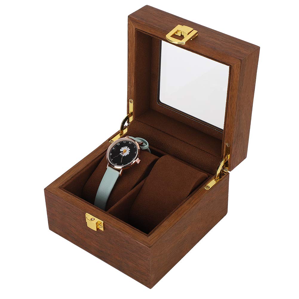 yuytee Watch Box Jewelry Display Case, 2 Slot Clamshell Watch Storage Box Organizer, Black Walnut Color