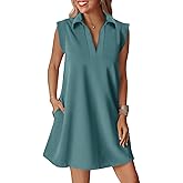 Cicy Bell Womens Summer Mini Dress Cap Sleeve Collared V Neck Casual Ribbed A Line T Shirt Dresses