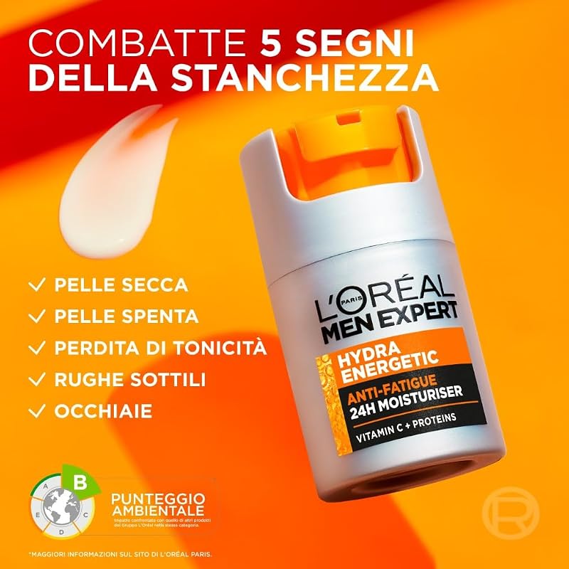 L'Oréal Paris Men Expert Crema Idratante Anti-Fatica Uomo, Pelle Rivitalizzata, Levigata e Idratata, Occhiaie e Rughe Sottili Ridotte, Arricchita con Proteine e Vitamina C, Hydra Energetic, 50 ml