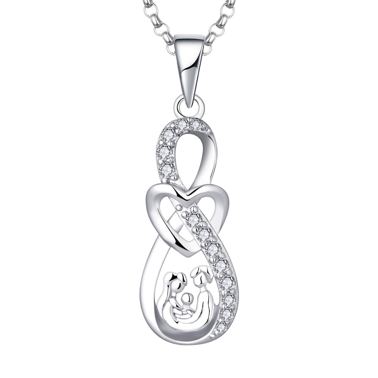 JO WISDOM Women Infinity Heart Necklace,925 Sterling Silver Mother Daughter/Son Father Family AAA Cubic Zirconia Pendant Necklace,Gift for Mum