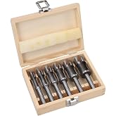 AIOEJIR Industrial Deep Plug Cutter 6 PCS Set 3/8" 1/2" 5/8" 3/4" 7/8" 1" for Woodworking with Storage Wooden Box