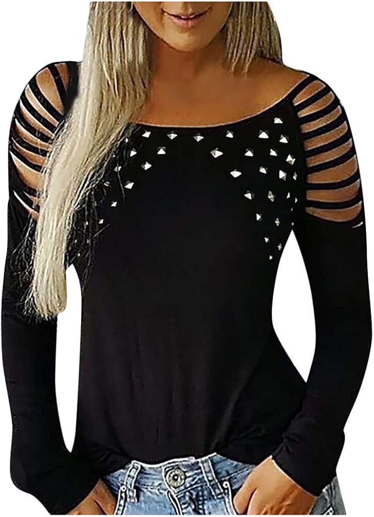 LATINDAY Women Scoop Neck Cotton Tunic Sexy Studded Hollow Out Solid Top Casual Long Sleeve T Shirt Cold Shoulder Tee