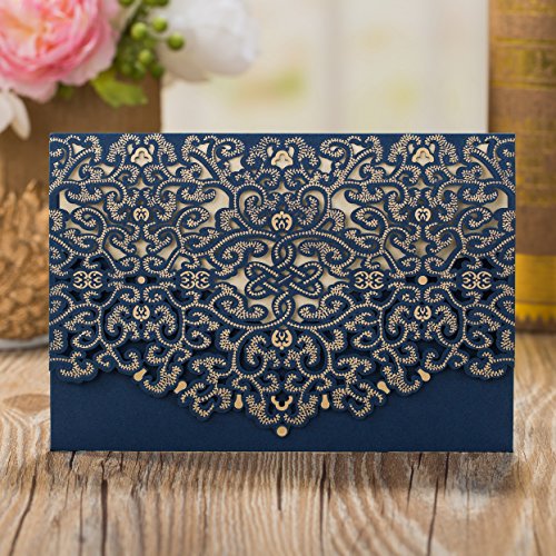 50pcs Elegant Laser Cut Wedding Invitations Cards with Envelopes and Stickers (Dark Blue)