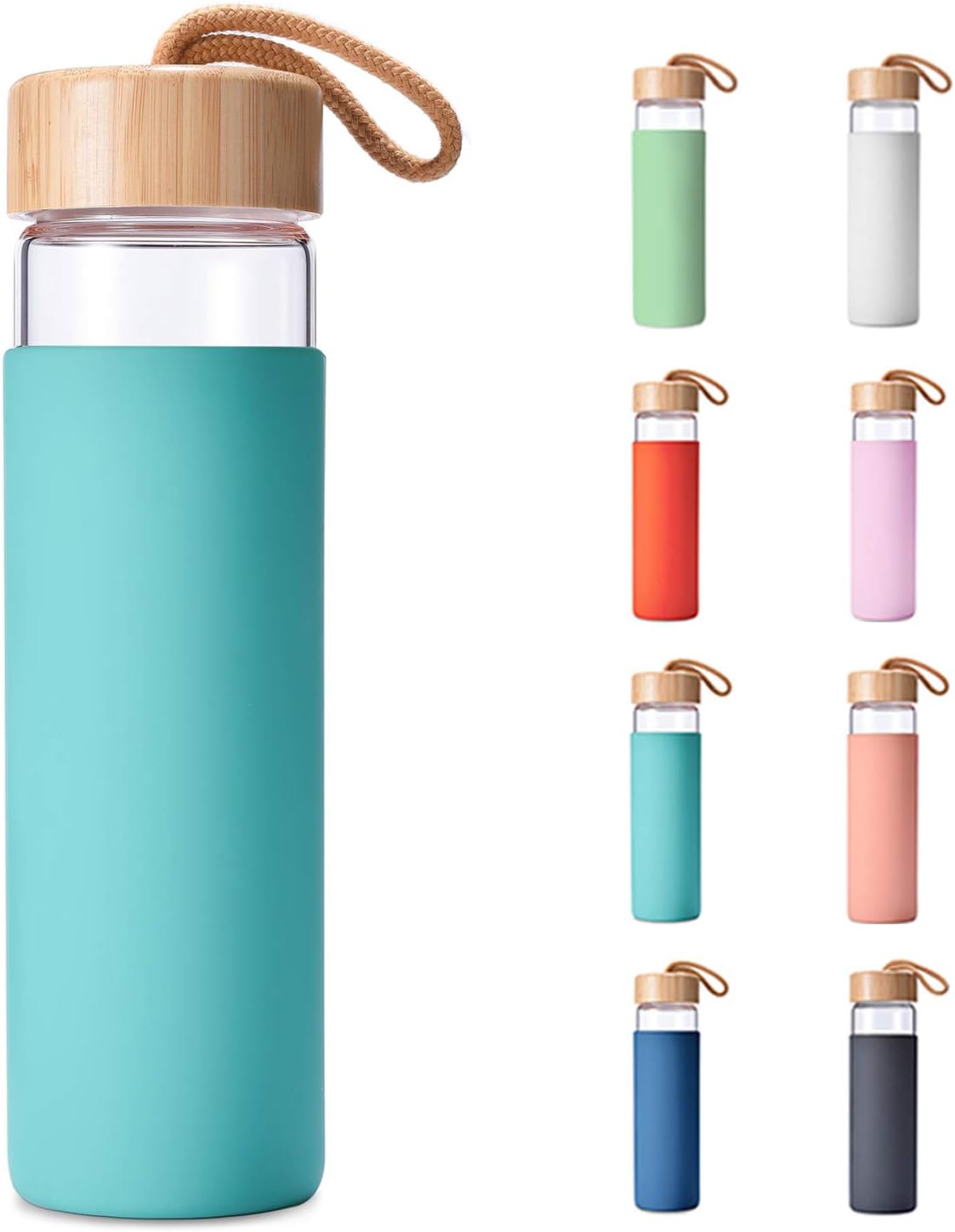 Yomious 20 Oz Borosilicate Glass Water Bottle with Bamboo Lid and Silicone Sleeve – BPA Free