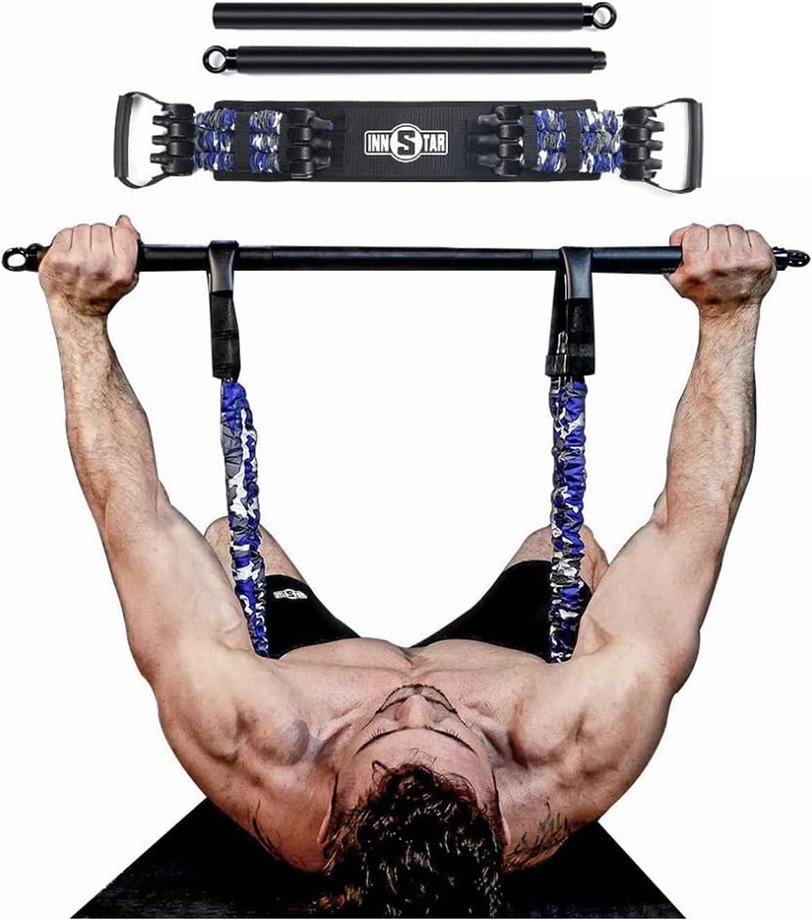 INNSTAR Adjustable Bench Press Device,Push up Resistance Bands for Home Gym Exercise,Fitness Workout,Travel Training (Women|105LB with Bar)