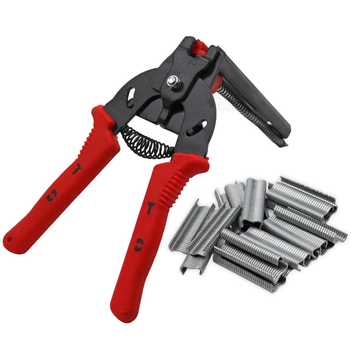 MUYIRTED 1 pcs Hog Ring Pliers and 600 pcs Clips Staples, M Clip Pliers Staples Bird Mesh Cage Wire Fencing Installation. (Red)