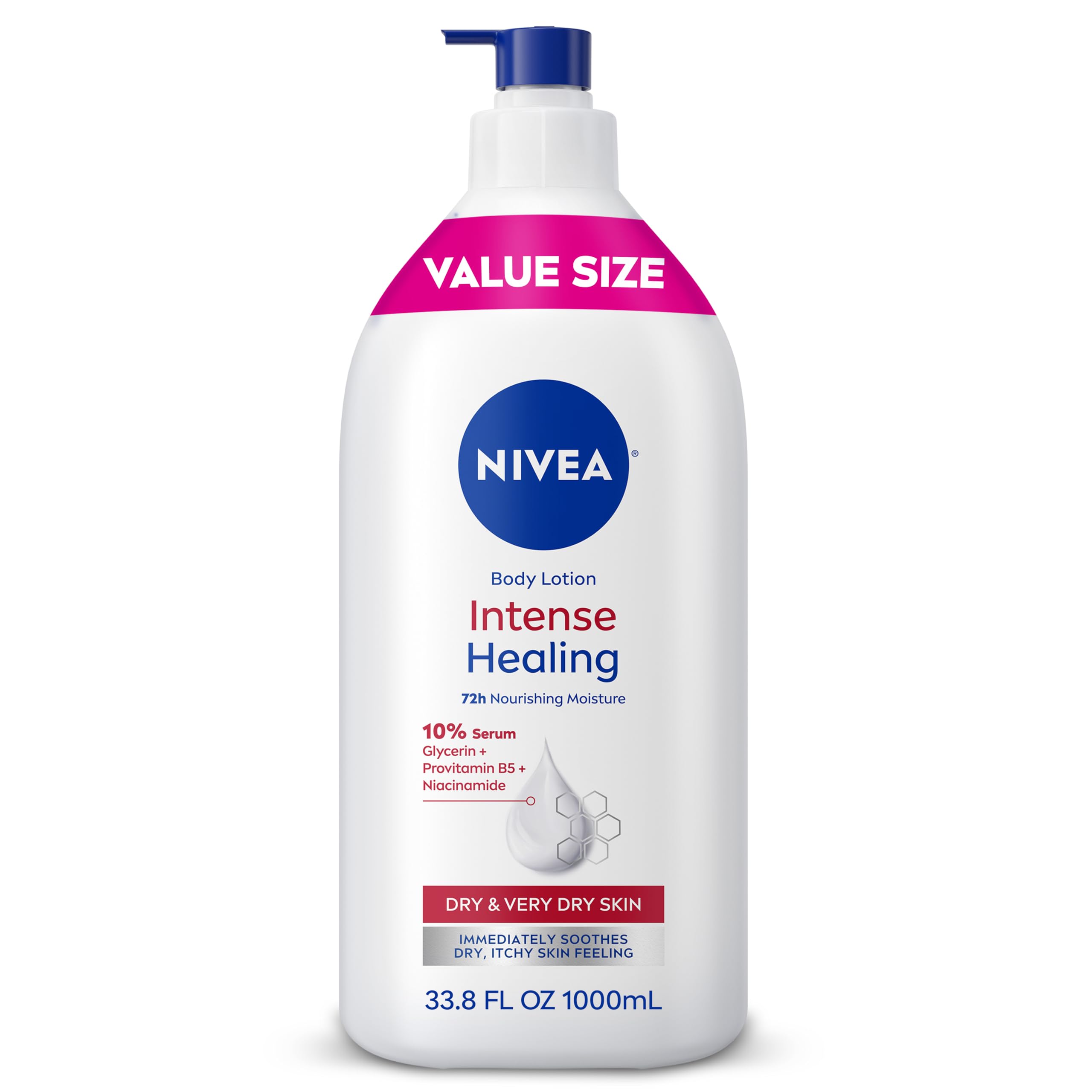 Photo 1 of NIVEA Intense Healing Body Lotion for Very Dry, Itchy Skin with Glycerin, Provitamin B5 and Niacinamide, 72-Hour Body Moisturizer, 33.8 Fl Oz Value Size Pump Bottle