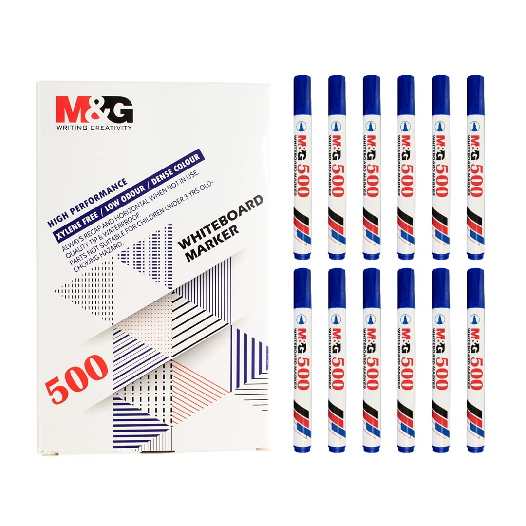 M&G Whiteboard Blue Coloured Marker Pen Round Tip Marker Pens Quick Drying Whiteboard Pens Glass Board Erasable Ink Blue Marker (12pcs Blue Whiteboard Markers)