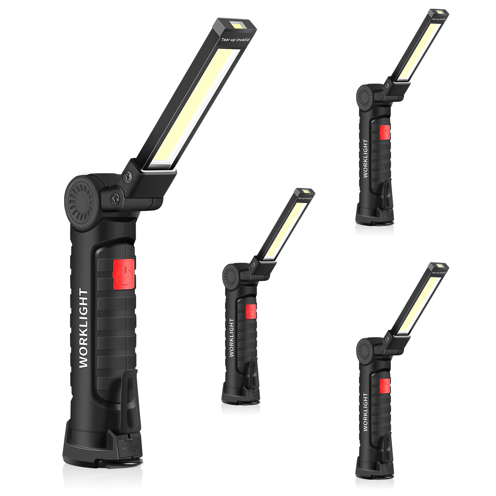 ONEVER Rechargeable Work Light, LED Torch Portable Inspection Lamps 360° Rotate Flashlight with Magnetic Base and Hook 5 Modes Camping Light for Garage,Workshop and Emergency (4 Pack, Small)