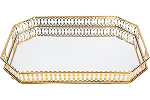 JEWEDECO Gold Iron Frame Glass Mirrored Vanity Tray Small Rectangular Jewelry Holder Decorative Bathroom