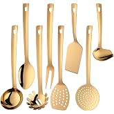 QIBOORUN Stainless Steel Kitchen Utensil Set -8 Cooking Utensils, Colorful Titanium Plated Set Kitchen Tools Gadgets Cake Shovels/Plain Spatula, Potato Masher, Spoon, Slotted Spoon-Gold