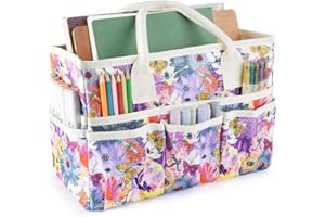 E-WEICHEN Craft Organizer Tote Bag Art Storage Caddy with Multiple Pockets Containers for Art,Craft,and Office Supplies Storage.Purple Grey Flower