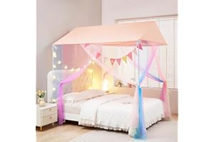 Akiky Rainbow Bed Canopy Bedding Net with Pompom Princess Castle Indoor&Outdoor Tent-Not Include Poles(Twin,Rainbow)