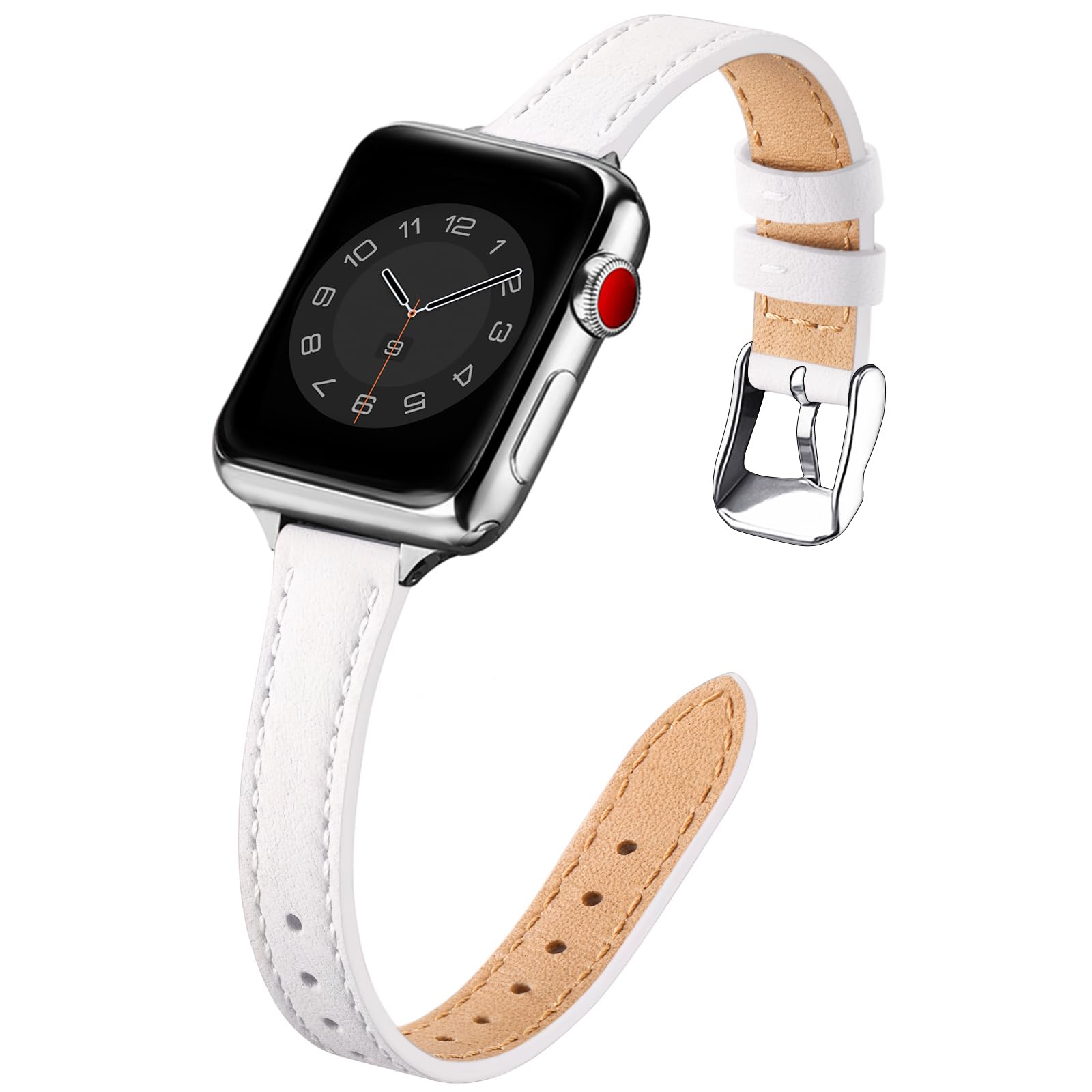 SUNFWR Compatible with Apple Watch Strap 42mm 44mm 45mm,Genuine Leather Strap Replacement,Slim&Thin Wristband for iwatch Series 7/6/5/4/3/2/1,SE(42mm 44mm 45mm,White&Silver)