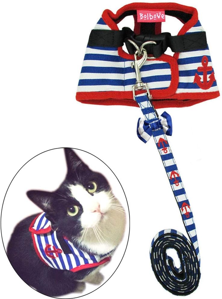 Bro'Bear Adorable Soft Velcro Cat/Dog Safety Walking Mesh Sailor Vest Harness + Matching Lead Leash Set(Can Be Pet & Kitty & Puppy Car Vehicle Seat Harness/Halloween Classics Collection Costume/Photo Apparel/Holiday Wear/Clothes Party Coat) (X-Small(1#))