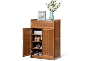 Athena Collection 24" 5-Tiers Bamboo Shoe Cabinet Double Opening Doors Shoe Rack for 8 Pairs Shoes, Freestanding Shoe Storage w/Top Compartment, Shoe Organizer Shelf for Hallway, Entryway, Brown