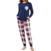 SWOMOG Women Christmas Pajamas Sets Buffalo Plaid Pajama Pants with Pockets Long Sleeve Tops Loungewear Set