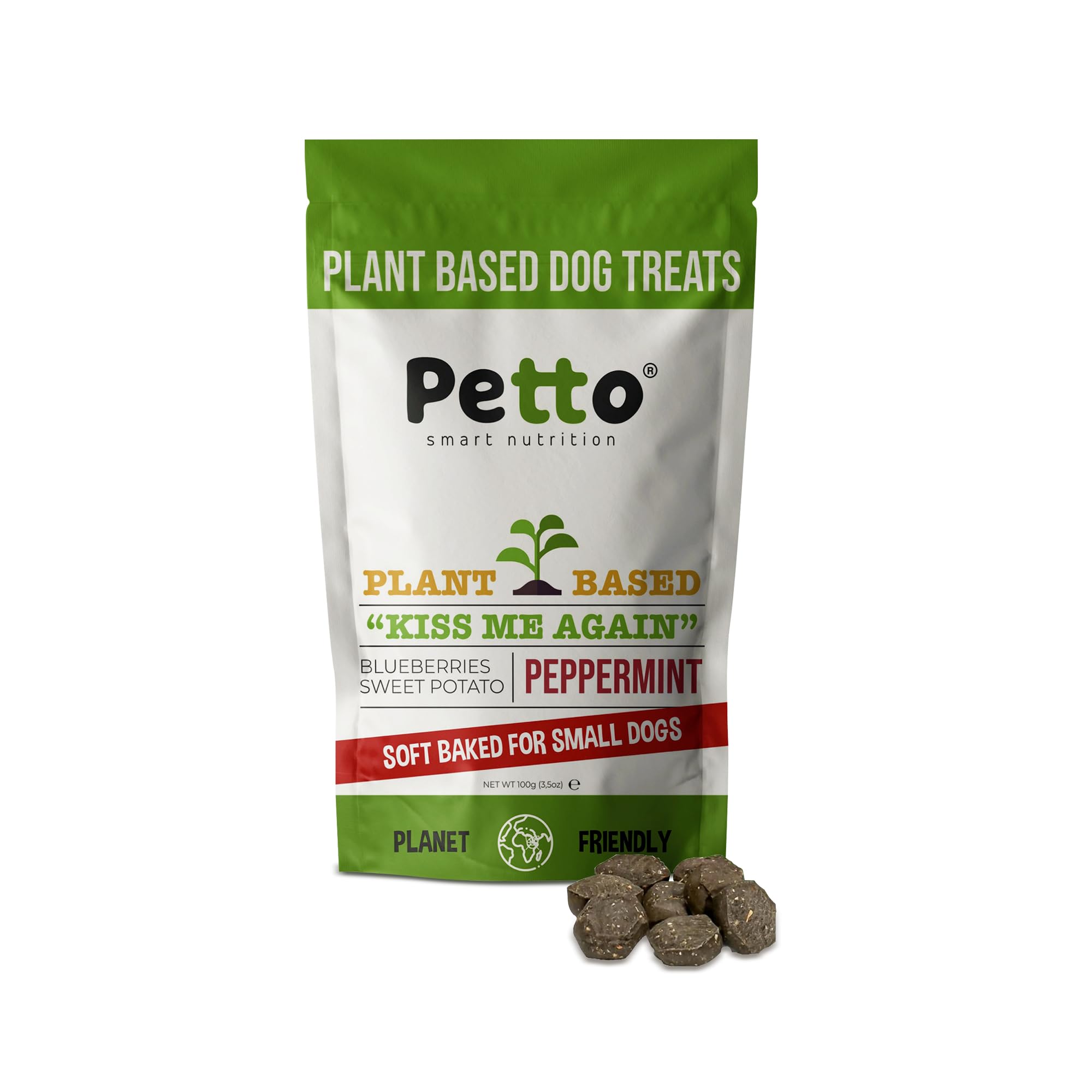 Petto Natural Dog Treats - Hypoallergenic Small Dog and Puppy Treats, Soft Baked, Plant-Based Biscuits High in Protein with Peppermint, Sweet Potato and Blueberries, Kiss Me Again, 100g pack