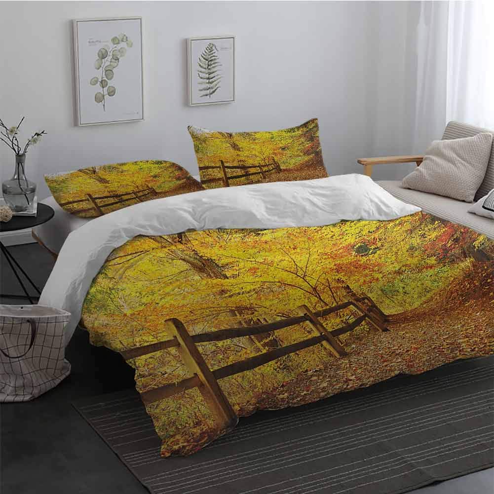 Duvet Cover Set with Invisible Zipper Closure Landscape Autumn Season Fall Trees Leaves on Pathway to Forest with Fence Photo 1 Duvet Cover 2 Pillowcases Ginger Yellow Marigold Queen