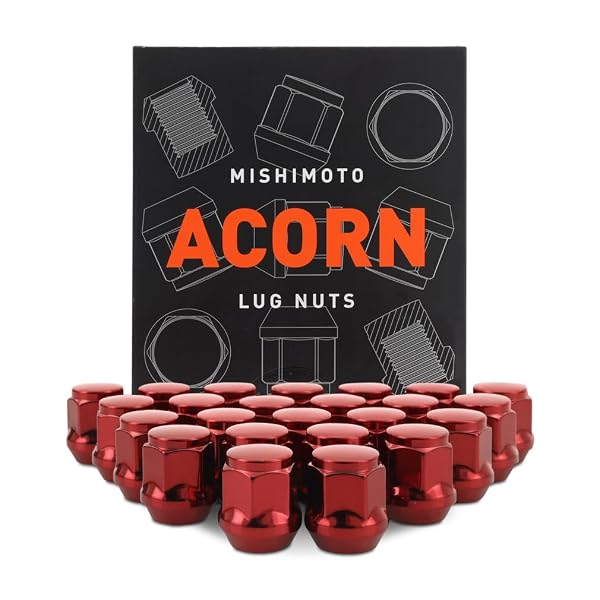 MISHIMOTO STEEL LUG NUTS, M14X1.5, ACORN SEAT, 24PC SET, RED