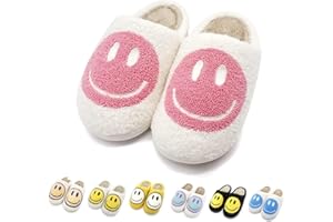 Cute Smile Face Slippers, Fuupnn Retro Soft Plush Furry Fluffy Indoor Outdoor Shoes Comfy Warm Fleece Lined Fuzzy Slip-on Cloud sliders with Memory Foam Happy Face Slippers Couples Cute Cartoon Non Slip Smile Slippers for Winter