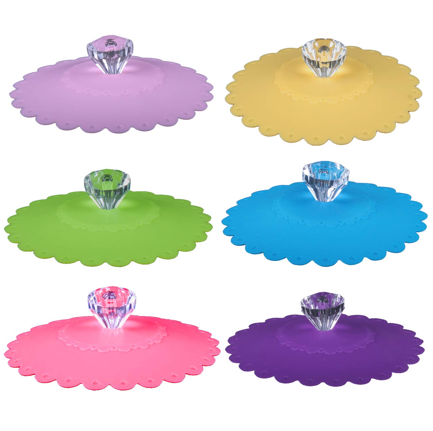 CaLeQi Silicone Cup Lids in Creative Diamond Design, 6-Piece Set Effortlessly Covers all Water Bottles/Glasses Reusable, Stylish and Practical No More Worries About Dust