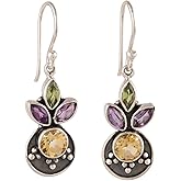 NOVICA Artisan Handmade Multigemstone Dangle Earrings 3carat from India Sterling Silver Citrine Amethyst Peridot Birthstone [1.5 in L x 0.4 in W x 0.1 in D] ' Glittering Melody'