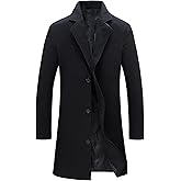 Tanming Mens Black Trench Coat Notched Lapel Single Breasted Long Peacoat Overcoat