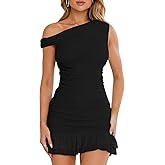 Nsbonu Women Sexy Off Shoulder Mini Dresses Bodycon Ruched Ruffle Hem Club Party Short Dress
