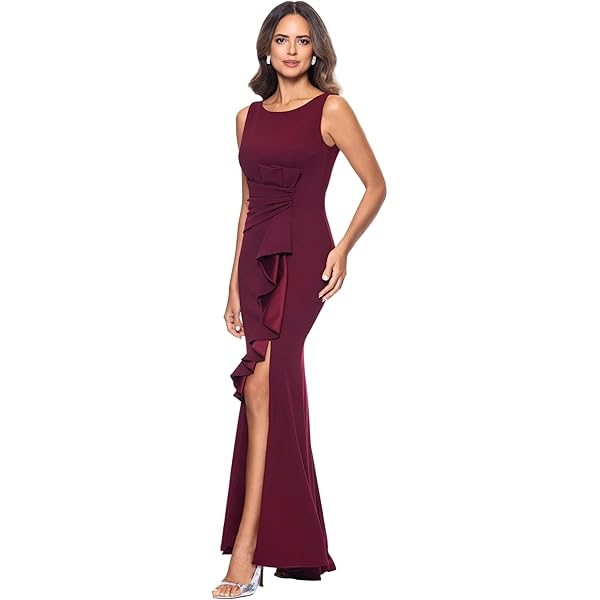Amazon.com: Betsy & Adam Women's V-Neck Hi Low Sleeveless Floor Length  Cascade Dress with Draped Ruffle, Mulberry, 5 : Clothing, Shoes & Jewelry
