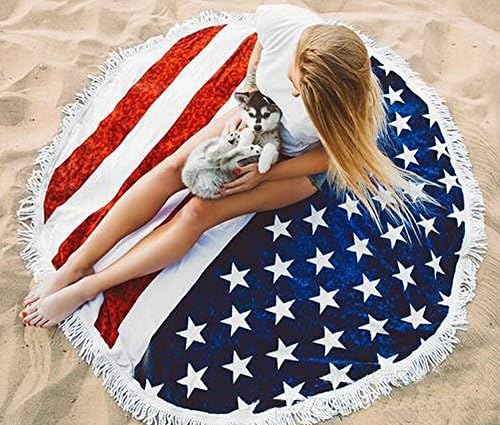 Round Beach Towel/ Mandala Thick Towel with Tassels/ Round Yoga Matt/Round Tapestry (American Flag)