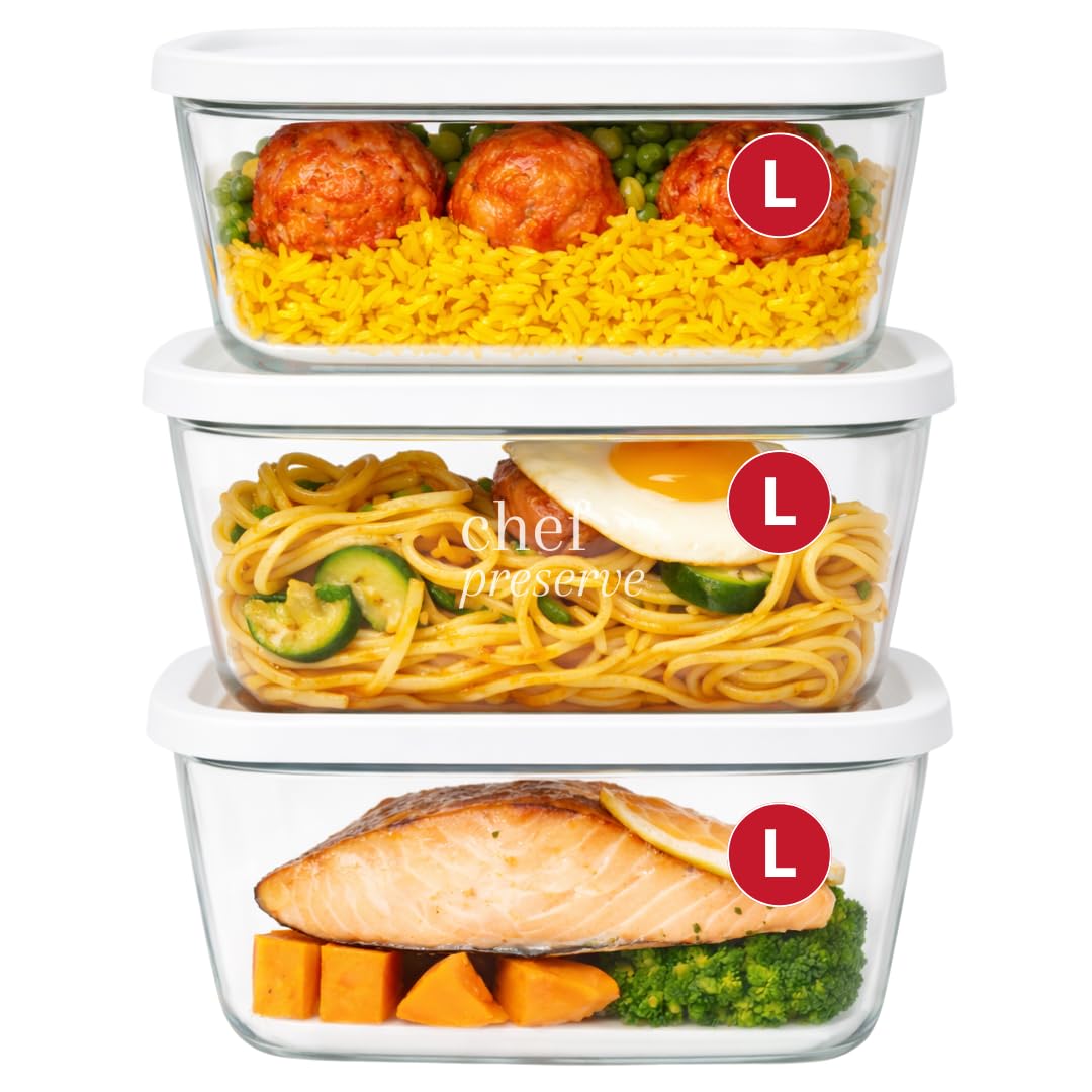 Chef Preserve Glass Vacuum Seal Containers for Meal Prep, Food Storage, Made For Compact Vacuum Sealer, 3pcs set [3x Large] Works With Handheld Vacuum Sealer Machine