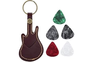 Bnineteenteam PU Leather Guitar Plectrum Holder Guitar Shaped Guitar Picks Holder with 5pcs Picks for Bass, Electric & Acoustic Guitars