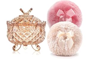 YILUSHENGHUA Luxury 4 Inch Glass Powder Container with 2 Soft 3.5" Puffs｜Non-Sealed Refillable puff Jar｜ Loose Powder Storage(Butterfly-Amberl)