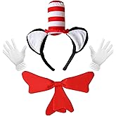 Hodoee Cat Ears with Hat Headband, Red and White Striped Hat and Bow Tie Set, Cat and Hat Costume Headwear Accessories for Women Men Halloween Party
