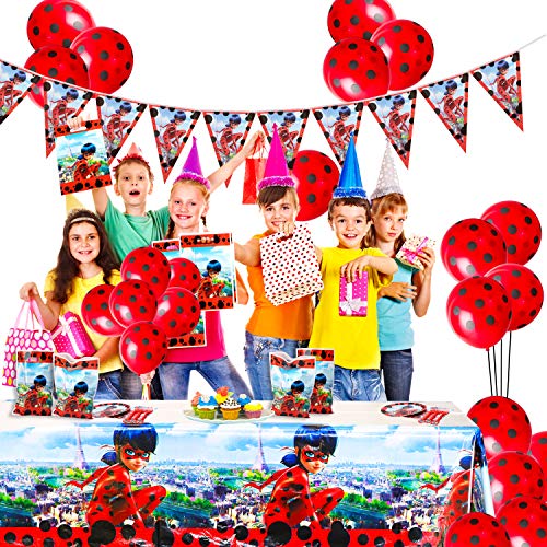 GROBRO7 123Pack Ladybug Themed Party Supplies Ladybug Birthday Decoration Tableware Kit Ladybug Banner Balloons Baby Shower Complete Decor Favor Ladybug Goodie Bags Plates Tablecloth for 20 Kids Adult