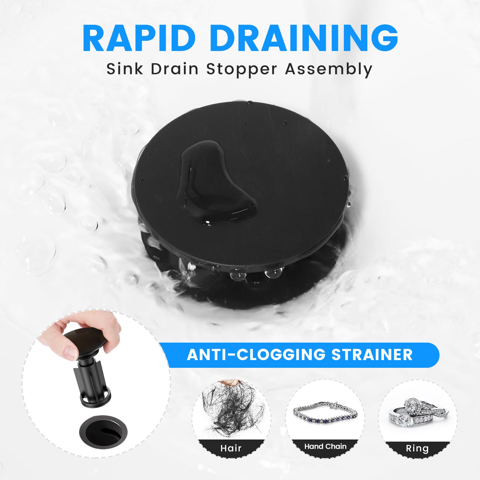 Bathroom Sink Drain with Overflow, Hurran Matte Black Bathroom Sink Stopper for Bathroom Vanity Vessel Sink, Rapid Draining Plastic Pop-up Sink Drain with Hair Catcher Anti-Clog Strainer