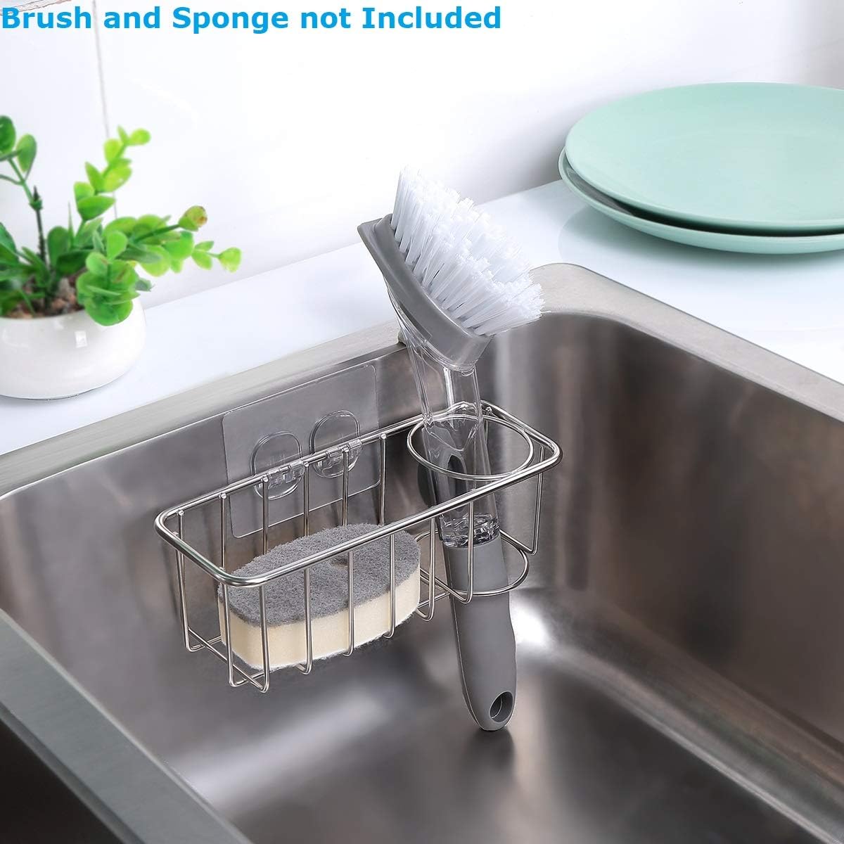 KESOL Adhesive Sponge Holder + Brush Holder, 2-in-1 Sink Caddy, SUS304 Stainless Steel Rust Proof Water Proof, No Drilling -