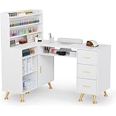 OmySalon L Shaped Manicure Table with Dust Collector, 52" L Corner Nail Desk for Nail Techs, w/Polish Display Rack Arm Rest, Acetone Resistant Top, Drawer and Cabinet Storage, for Nail Salon