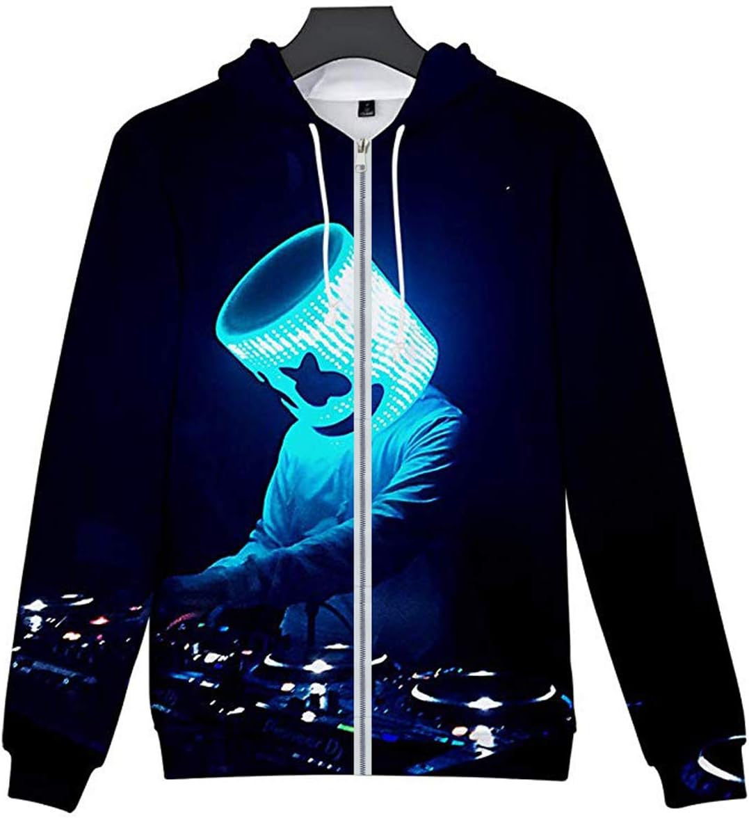 DJ Smile Face 3D Hoodies Unisex Long-Sleeved Youth Pullover Sweatshirt Zipper Pockets Coat Tops for Men