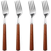 Chenshuo Wooden Handle Stainless Steel Flatware Set, Metal Forks for Home Kitchen Restaurant Hotel, Polish Forks Silverware With Brown Handle, 7.7 Inch 4 Pcs